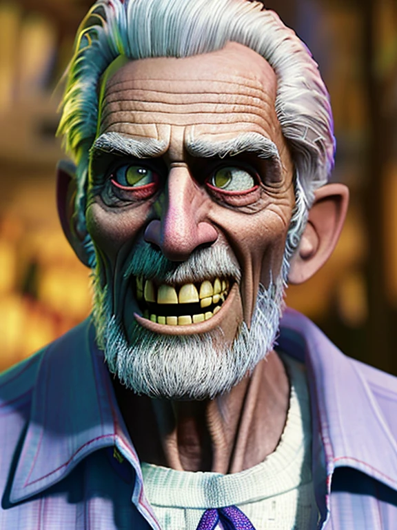 Pixarstyle A waist-high portrait of an elderly man zombie, smile, natural skin texture, 4K textures, HDR, intricate, highly detailed, sharp focus, cinematic look, hyper-detailed