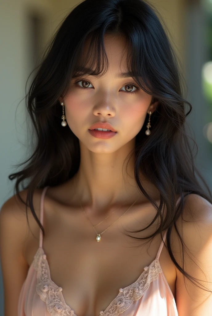 a beautiful filipina girl with black hair and dark hazel eyes, slim body and long layered hair with bangs. medium tan skin. eyes is like chinese. medium thin eyebrow. wearing a dress and small earrings and necklace. chubby cheeks but big face