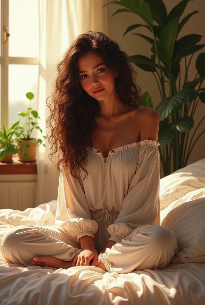 (photorealism:1.2), beautiful woman, sitting on bed, wearing loose off-shoulder top, pajama pants, long curly hair, indoors, soft lighting, plants in background, window with sunlight, cozy room, relaxed pose, realistic, intricate details, warm colors, by Greg
