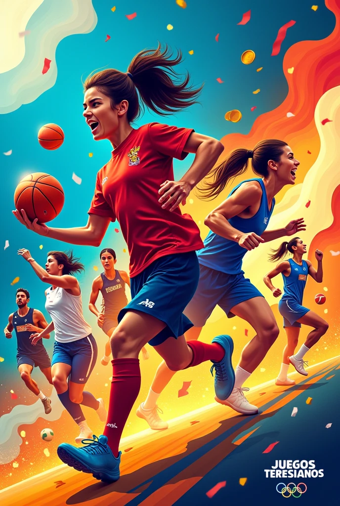 Create a sports poster with football images, basketball, volleyball, chess board and athletics that says XVIII JUEGOS TERESIANOS that includes a sports torch, the olympic rings, gold medals
