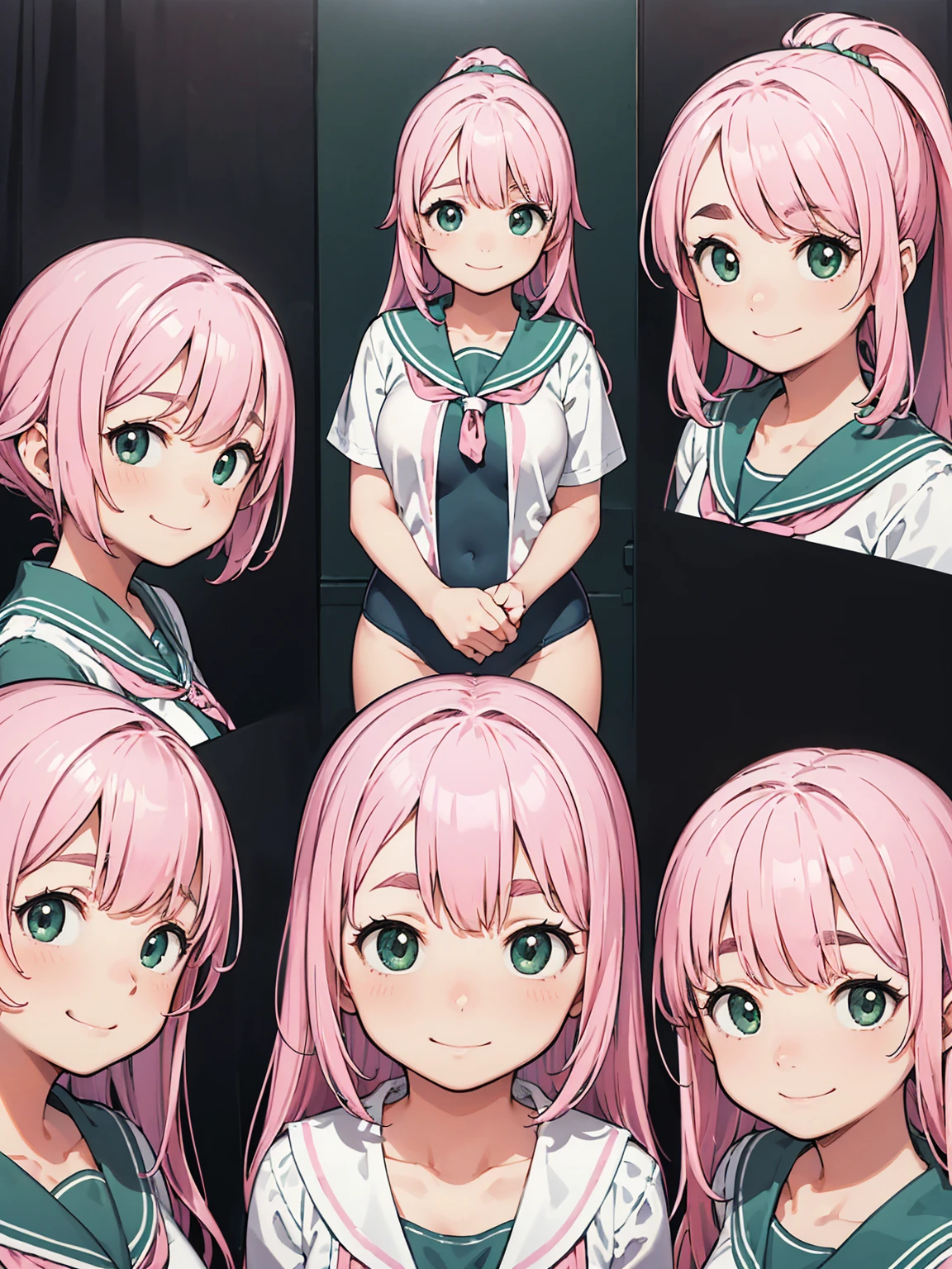 8K quality,(super masterpiece:1.3),Highest quality,Detailed Images,1 female,symmetrical beauty,10th Generation,Medium build,(smile,smile),(Pink Hair,Long Hair,High Ponytail),(Thick eyebrows,Thick eyebrows),(Droopy eyes,Green Eyes,Green Eyes,Bright Eyes),(Large Breasts,F cupの胸),Tan Skin,(School Swimsuit),(Draw the whole body),(Face directly towards the camera,Looking directly at the viewer,looking at the camera,The body faces the viewer,The body is facing the direction of the camera,Face looking straight into the camera).