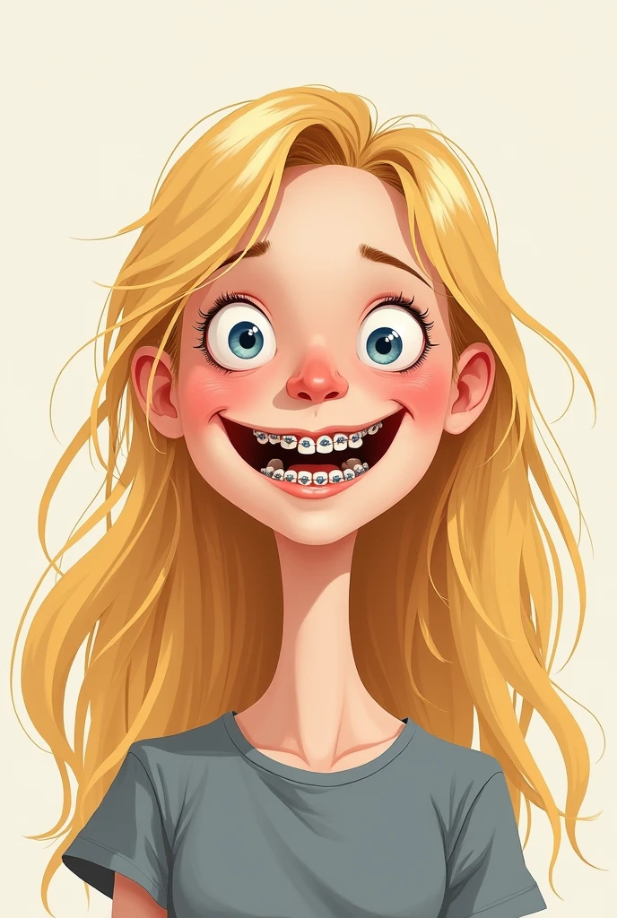 a girl with blue eyes , blon hair , teeth braces , humped nose with a big neo