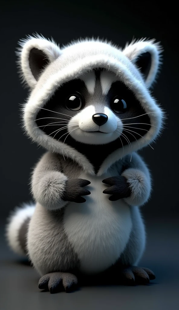 A captivating 3D render of a plush toy showcases an adorable, extra fluffy baby raccoon. The raccoon's fur is a harmonious blend of white and black, with intricate patterns accentuating its cute body. Its large, round eyes have a glossy finish, appearing to gaze out from under its hood. The raccoon seems to be opening its hood, revealing more of its soft, fluffy underside. The dark background lends a mysterious, conceptual atmosphere to the image, making it a truly striking product photograph., conceptual art, photo, 3d render, product