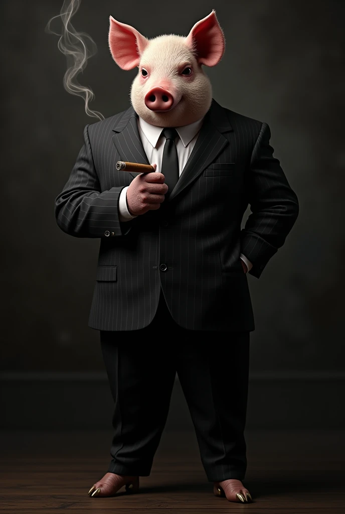 Mafia pig dressed in a black formal suit smoking a Cuban cigar that is