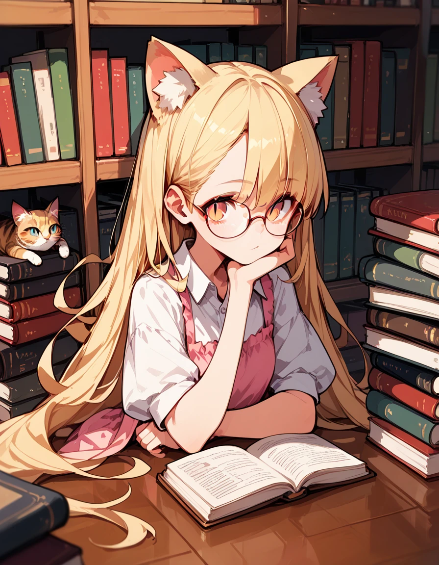 score_9,score_8_up,score_7_up,score_6,1girl,solo,glasses,very long hair, blonde hair,cat_ears,pink_dress, slit pupils,looking at viewer, bookstore, book stack,