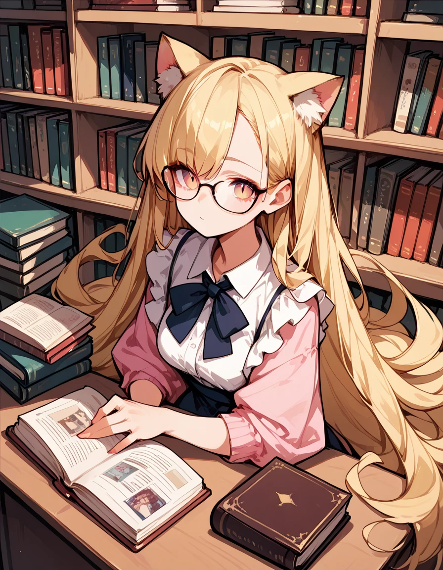 score_9,score_8_up,score_7_up,score_6,1girl,solo,glasses,very long hair, blonde hair,cat_ears,pink_dress, slit pupils,looking at viewer, bookstore, book stack,