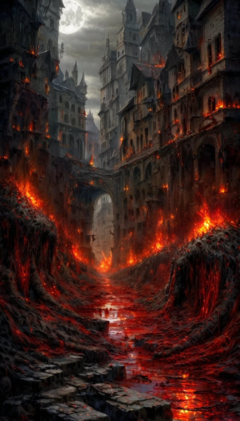 Create a realistic abstract fantasy landscapeta de uma cidade medieval. The scene is dark and mysterious, with a predominance of dark tones and deep reds. Streams of blood flow through the streets, with scattered organs and piles of bodies, mainly humanoid creatures, lying. The city is marked with burn marks and darkness, blood-red fires raging under a dark sky. The only source of light is a broken piece, dark and gray moon, casting an ominous glow over the landscape. thick, red blood rains from the sky, adding to the somber atmosphere. Masterpiece Create a realistic abstract fantasy landscapeta de uma cidade medieval in ruins. The scene is dark and mysterious, evoking despair, karo, and decay. The streets are narrow, resembling those of a typical city, and are full of details, thick chains of darkness, realistic blood, still liquid and flowing like a river or stream, as if it were only an hour or two old. The road is littered with detailed blood and piles of bodies, mainly humanoid creatures, lying around. the city buildings, that were previously shiny and well preserved, are now marked with burn marks, small dark red fires spreading outkarods with embers flickering. The architecture should be less Gothic and more reminiscent of a city inhabited by humans.. The sky is overcast with dense clouds, and the only source of light is a fragment, dark and gray moon casting an ominous glow over the landscape. The scene takes place in the middle of the night with a little rain, enough to be noticeable, but not enough to put out the fires, leaving the ground a little muddy with the river of blood flowing through it on the road, branching into streams that connect to the corpses. Blood drips from hanging objects and runs down the road, as the fires slowly spread, adding to the dark and unsettling mood of the scene.Create a realistic abstract fantasy landscape