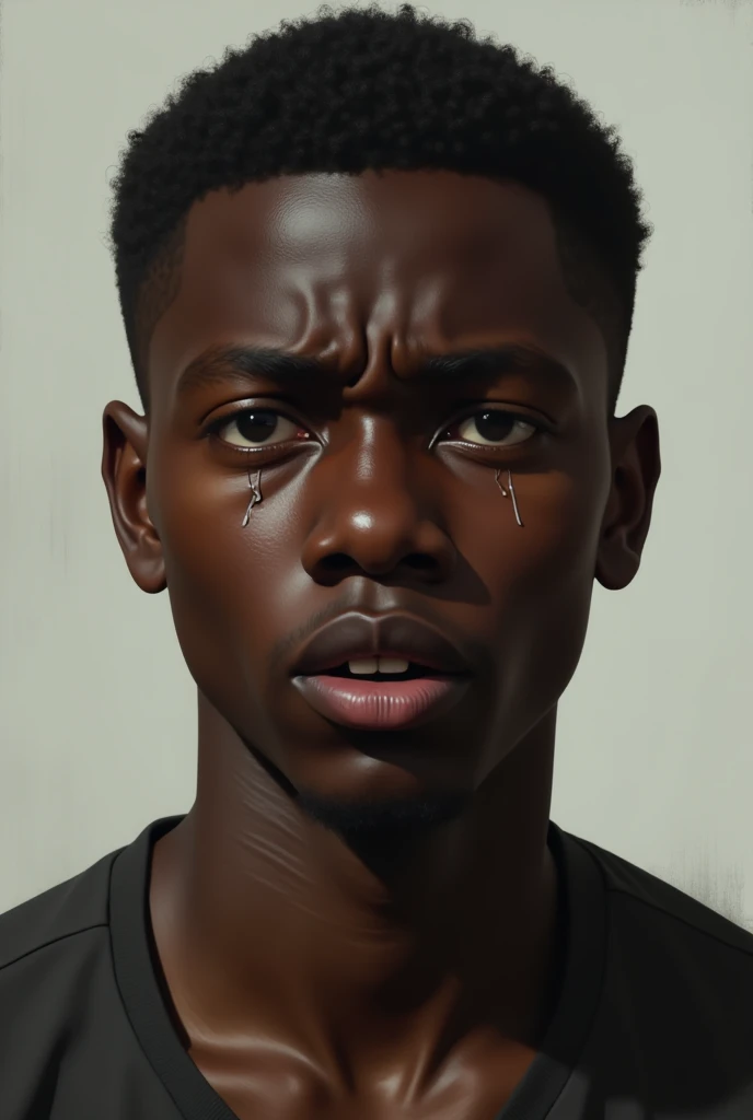 Young black man crying looking forward