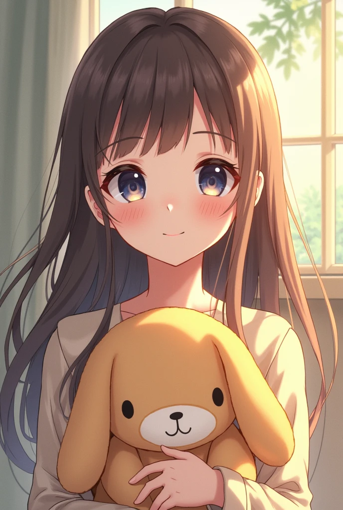 Anime girl with brown hair and navy eyes holding a plushie