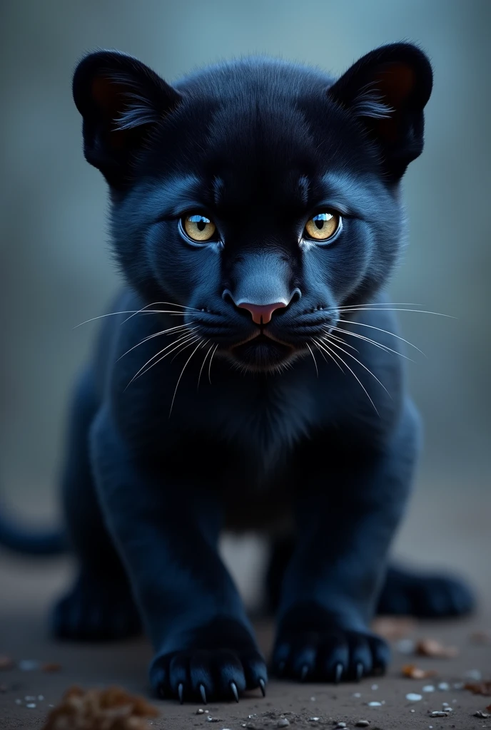 a cub panther, with dark blue and black tones, with a dark blue collar, and without background the image