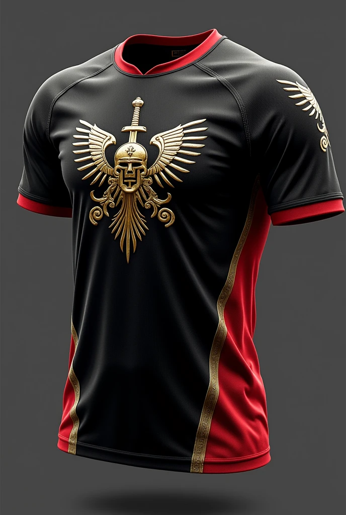 Men's black volleyball shirt with a red side ribbon with gold details with a middle emblem of a sword and a helmet