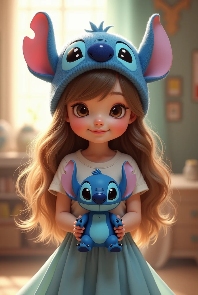 1 girl, White skin, with a stitch cap, long hair with fringe, a stitch t-shirt, a light blue skirt, and a stitch doll in his hand