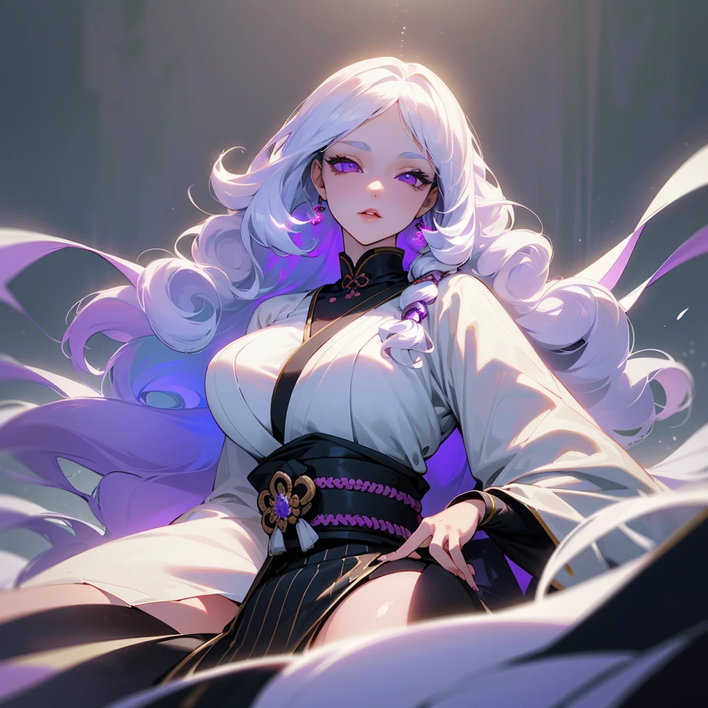 ((ultra quality)), ((masterpiece)), ((Samurai)), ((sensual)), ((Angelic beauty woman)), ((long white curly hair)), ((White hair)), ((White hair)), ((curly hair)), (beautiful face), (beautiful female lips), Enchanting ((Seductive facial expression)), looks at the camera with a slight smile, (White skin color), (White skin), glow on the body, ((detailed eyes)), ((violet eyes)), (juicy female lips), (dark eyeliner), (beautiful female hands), ((thick body)), ideal female body, ((Year 1920)), beautiful waist, beautiful big hips, big breasts, thick thighs, ((threatening and beautiful)) (), ((depth of field)), ((high quality clear image)), (delete details), ((High detail)), ((clear focus))