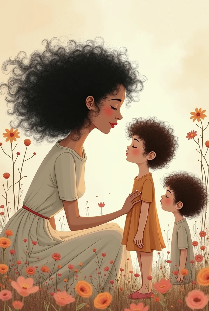 A white woman with curly black hair with two children a boy and a girl with curly brown hair,a is bigger than the boy and everyone with their eyes closed and contemplative expressions. Simple poetic drawing,delicate with flowers magical environment