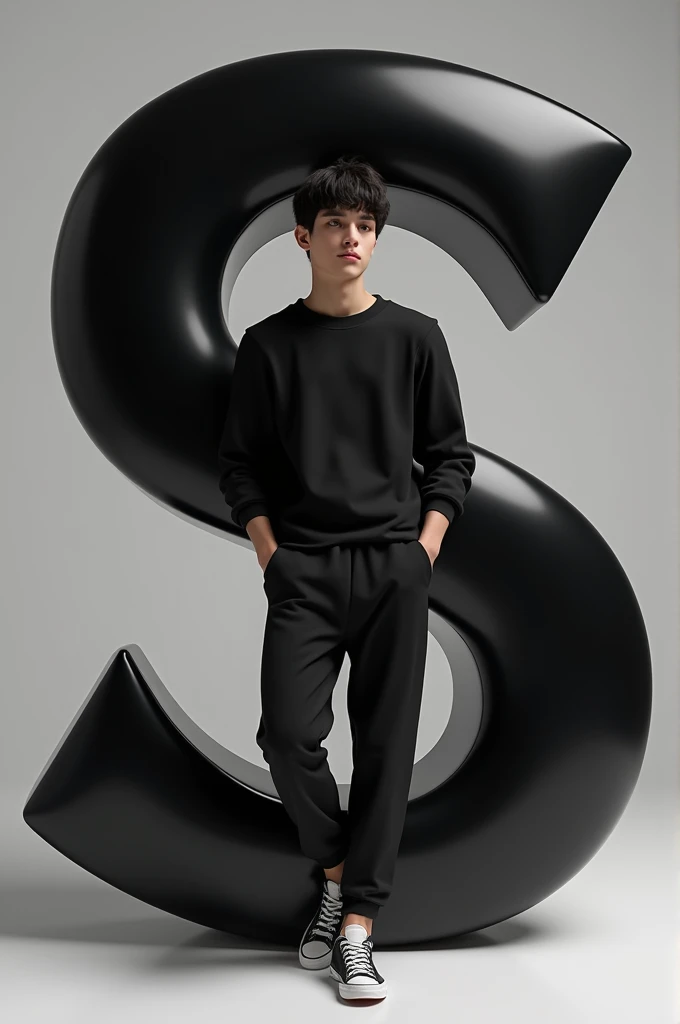  Command : S 20 year old with dark hair, dressed in a casual outfit including a black sweatshirt, jogger pants, and sneakers. The person is leaning against a large purple glossy letter 'S', which is Black with white accents. The overall color scheme is minimalistic, focusing on shades of black and grey. The scene has a modern and clean aesthetic, with soft darks and subtle shadows.