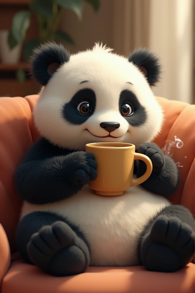 A cute panda chillng and having coffee