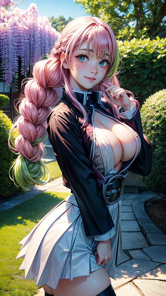 Potrait of beautiful MitsuruDS,(masterpiece, Highest quality:1.3), (Super detailed:1.4),(Super detailed顔:1.2),(Super detailed目:1.2), (hyperRealistic:1.3), (RAW Photos:1.2), High-definition RAW color photos, Professional photos, (PhotoRealistic:1.4), (Realistic:1.4),8k,Professional Lighting, Perfect Anatomy, BREAK,(Big Breasts:1.6),(blush:1.2),(Bright smile:1.2),detail, Sharp focus, dramatic,dutch angle,Wisteria field,Japanese garden,(black demon slayer uniform:1.2), long sleeves, japanese clothes, cleavage, open clothes,White belt,White Haori,(black skirt:1.2), black jacket, pleated skirt, green thigh highs, Absolute area, BREAK,Bright green eyes,(Two-tone hair,Pink Hair,hair with green tips:1,2),mole under eyes, (sexy pose:1.4)