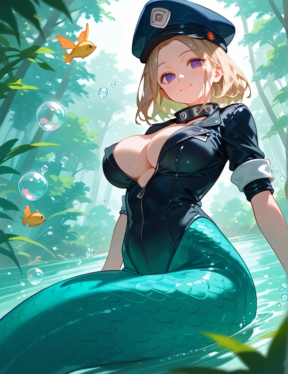 (from below:0.5), score_9_up,score_8_up, (Camie),1girl, solo, dark violet eyes, ((juice)), green hair, short hair, blush, nature, bubbles, closed mouth, smile, big breast, pose, ((sitting )),  (thin girl:1.2), mermaid