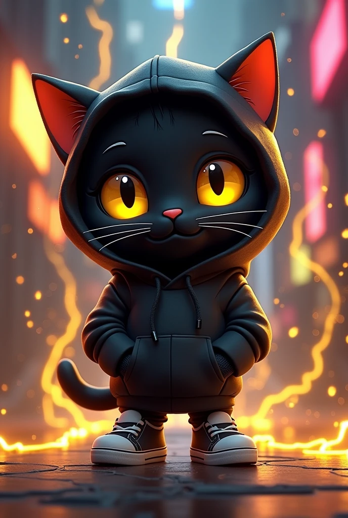 Create game character of a cute chibi-style black cat with yellow eyes in a lightning element theme, rendered in a Disney Pixar 3D art style. The cat should be in a different pose, wearing a black sweatshirt hoodie with matching black sneakers. The background should include a vibrant and dynamic scene with electric sparks, lightning bolts, and a neon black and yellow color scheme.