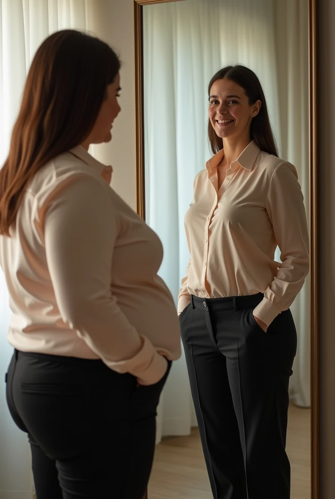 "an overweight woman, wearing a blouse and pants looking at a slimmer, more sophisticated, elegant, smiling, formal dressed version, with the ideal weight, healthy, active and at ease with herself, empowered through a futuristic mirror, symbolizing the potential for transformation."