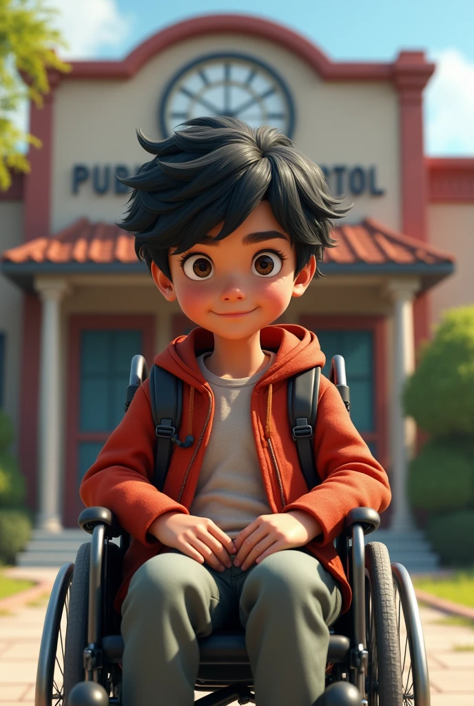 Chuca beautiful black hair white brown eyes and boy in wheelchair all in front of a public school no anime