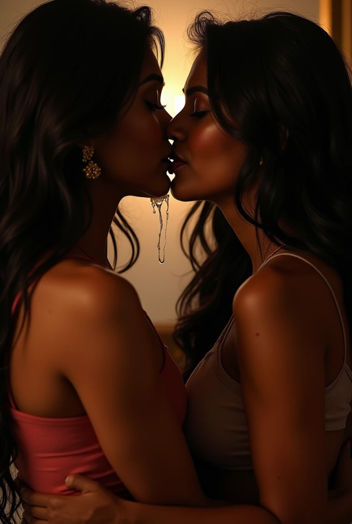 Hot indian girls lip lock, dripping saliva, tongue inserted wet cloths