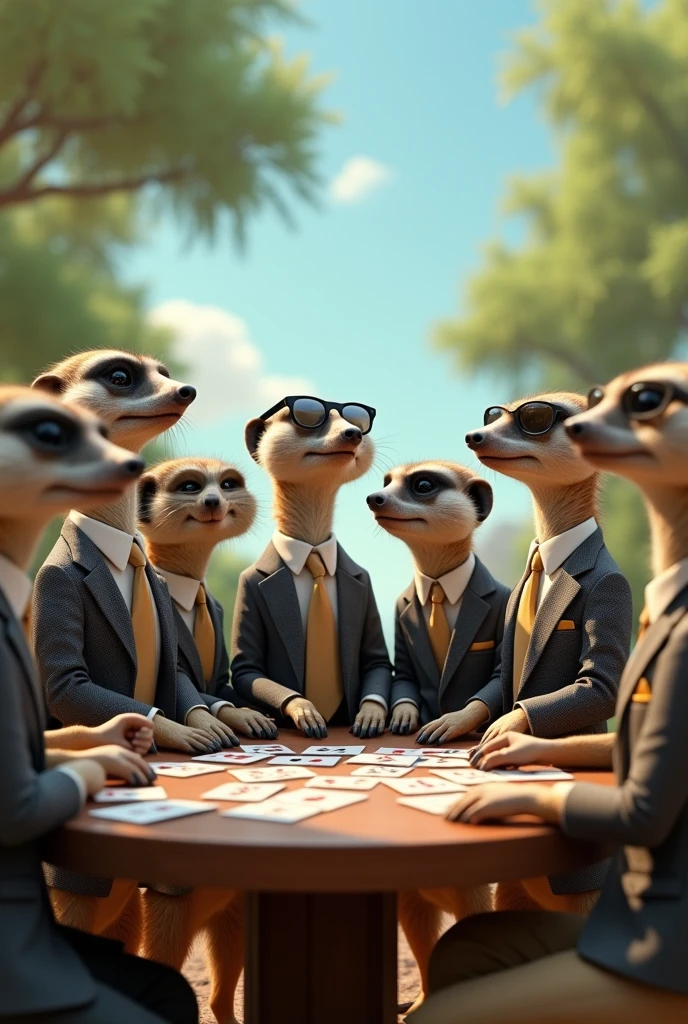 8 meerkats wearing suits and sunglasses playing truco