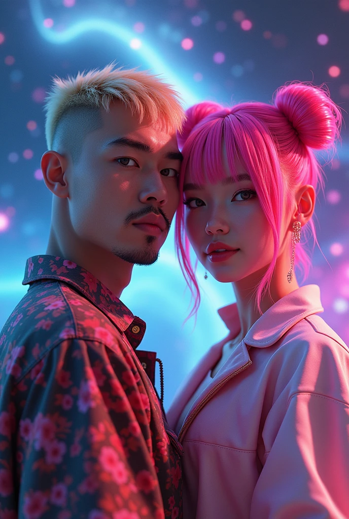 A layer of "IT'S NOT U IT'S ME" presents DJ Tyde West American male, hair blonde, bangs with shaved sides and friendly face, eyes large, jacket and headphones, and Japanese singer Sakura Rina with pink hair in space buns. The vibrant and dynamic realistic image background 