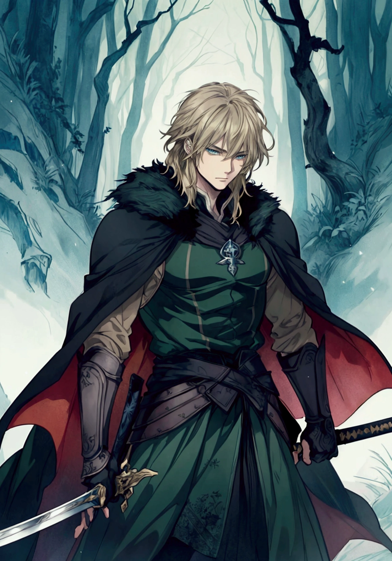 (Masterpiece), ((Highest Quality)),(Official Art),dark epic:1.2),(1 solo anime man: 1.3). A badass warrior king with cropped blonde hair, blue-green eyes, and imposing build. He wields a giant sword and a regal armor with fur cape, standing on winter night leading battles. Detailed picture. Detailed eyes. Masculine jaw. Soft fairytale picture Arthur Rackham-style. Colorful, best detailed ((super detailed)), (highly detailed 2D anime man illustration), ((dark and beautiful))