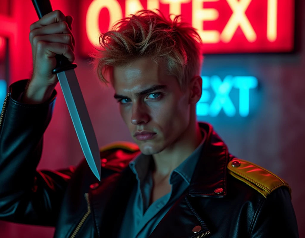 Hyper realistic, male fashion model,181cm tall, 22 years, pale skin, blue eyes, (short textured blond hair:1.1), tussled fringe, black leather jacket with yellow accented shoulders, (holding a knife up:1.2), dark lighting, in luxury strip club room, (smirk expression:1.1), (neon red and blue sign in background that says "CONTEXT":1.1)