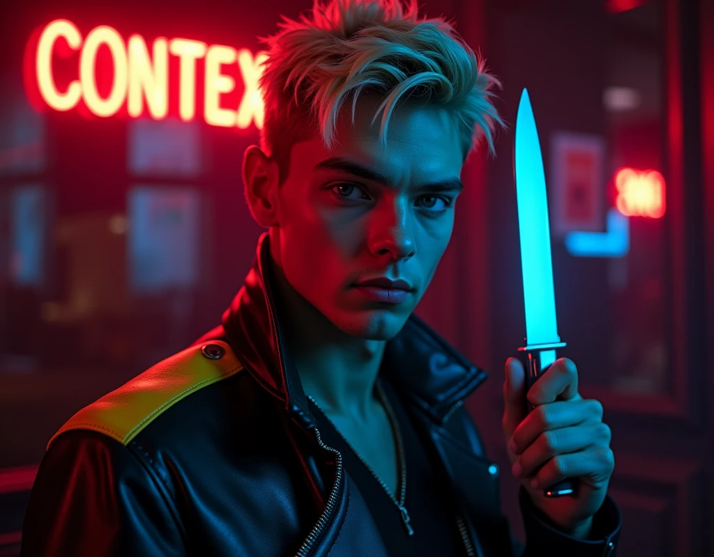 Hyper realistic, male fashion model,181cm tall, 22 years, pale skin, blue eyes, (short textured blond hair:1.1), tussled fringe, black leather jacket with yellow accented shoulders, (holding a knife up:1.2), dark lighting, in luxury strip club room, (smirk expression:1.1), (neon red and blue sign in background that says "CONTEXT":1.1)