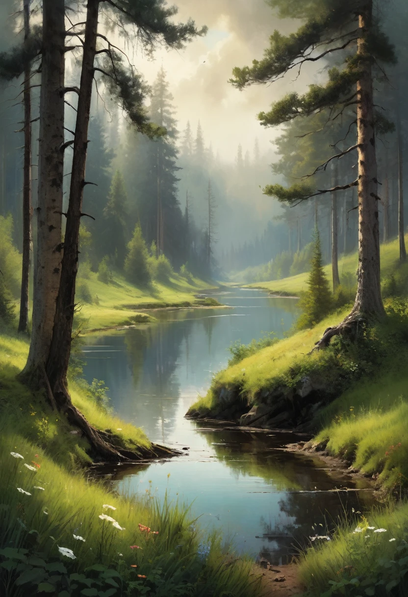 (best quality,4k,8k,highres,masterpiece:1.2),ultra-detailed,(realistic,photorealistic,photo-realistic:1.37),original digital art, highly detailed landscape, beautiful nature, rolling hills, lush green meadows, vibrant colors, warm lighting, dramatic skies, fluffy clouds, serene lake, reflections, dense forest, tall pine trees, detailed foliage, diverse flora and fauna, enchanting atmosphere, ethereal beauty, awe-inspiring scenery, stunning realism, Jarek Kubicki art style