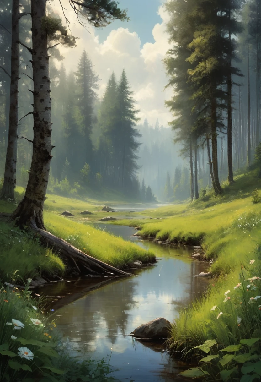 (best quality,4k,8k,highres,masterpiece:1.2),ultra-detailed,(realistic,photorealistic,photo-realistic:1.37),original digital art, highly detailed landscape, beautiful nature, rolling hills, lush green meadows, vibrant colors, warm lighting, dramatic skies, fluffy clouds, serene lake, reflections, dense forest, tall pine trees, detailed foliage, diverse flora and fauna, enchanting atmosphere, ethereal beauty, awe-inspiring scenery, stunning realism, Jarek Kubicki art style