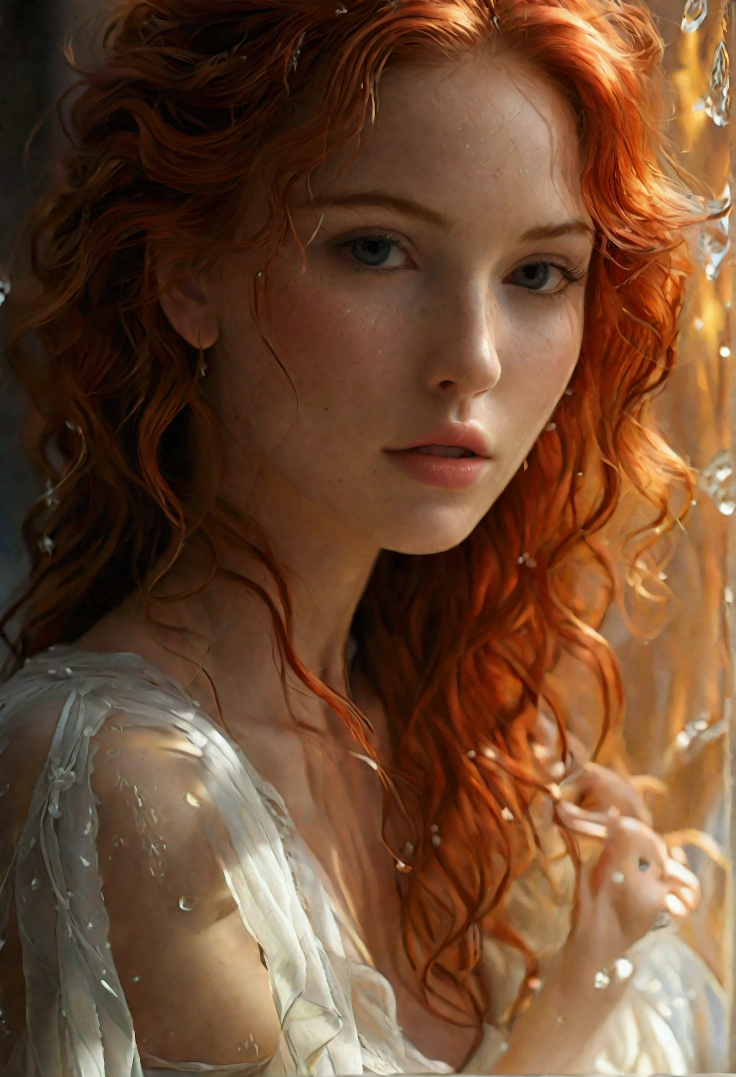 Nude girl, in bath, bent over, showing butt, perfect body, red hair, photo realistic,