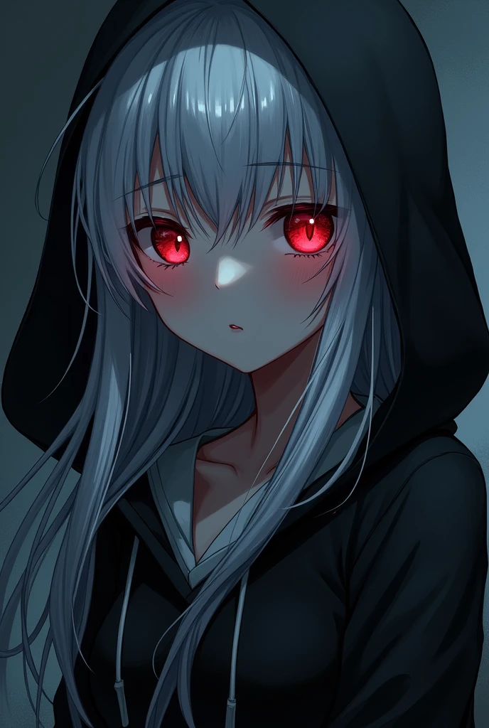 Anime girl with long white hair and red eyes wearing a black hoodie looking scary and horror