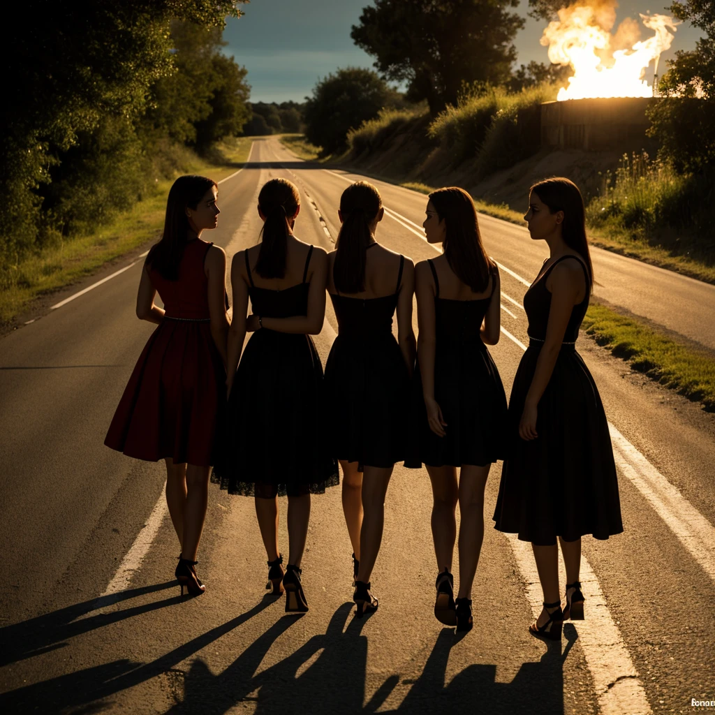 Create an ultra-realistic image of three women standing in the middle of a deserted road at dusk. The women are wearing elaborate dresses with gathered skirts: one in black, one in red and black, and one in purple and black. They are positioned around a small fire contained in a simple pot, which casts a warm glow around them. The atmosphere is dark and mysterious, enhanced by the dim light and long shadows cast on the road that disappears into the horizon. Each woman's face is obscured to maintain privacy.