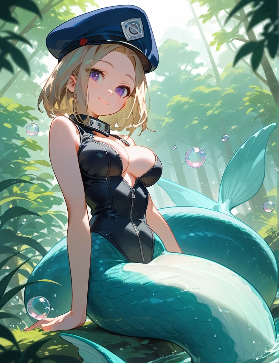 (from below:0.5), score_9_up,score_8_up, (Camie),1girl, solo, dark violet eyes, ((juice)), green hair, short hair, blush, nature, bubbles, closed mouth, smile, big breast, pose, ((sitting )), (thin girl:1.2), mermaid, entertainment park