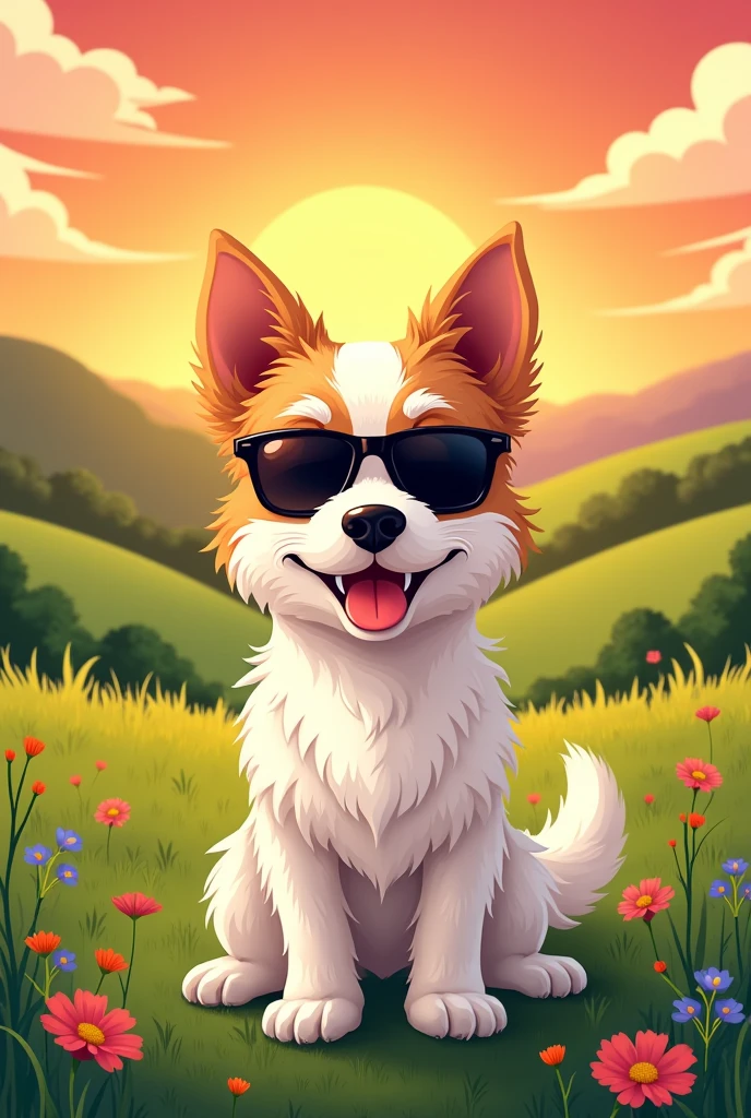Silky terrier cartoon wearing sunglasses at dog show on a beautiful summer meadow at sunset 