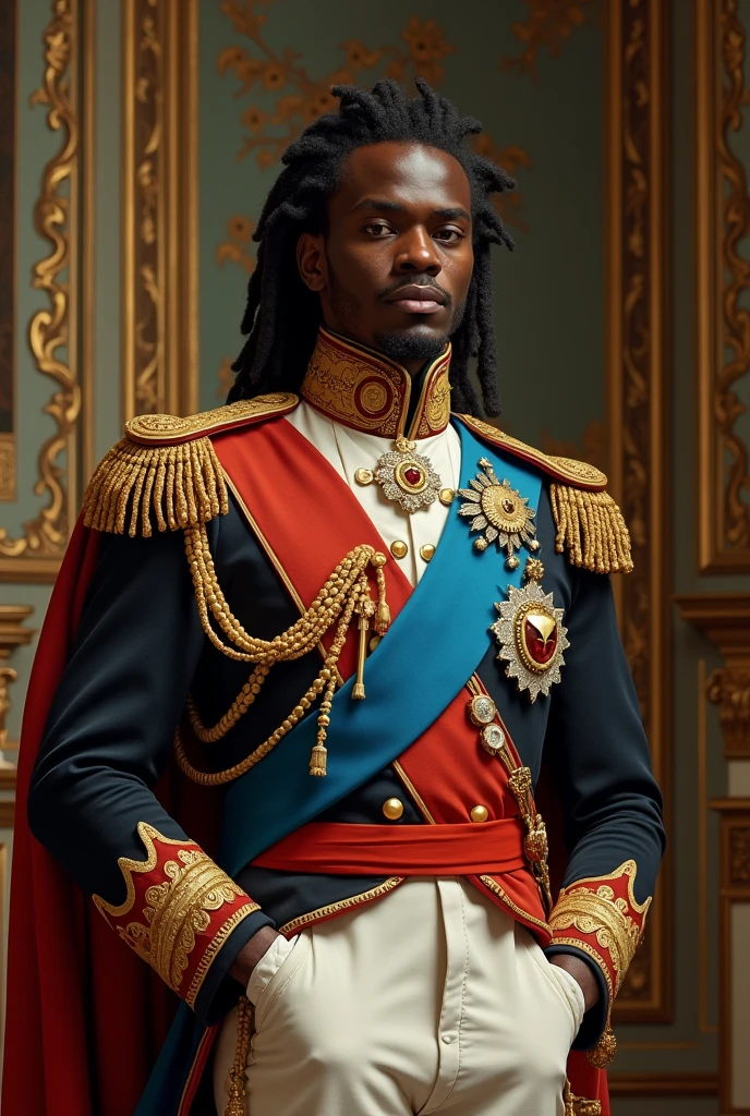 Portrait of a 1800s Italian black male count with dreadlocks in Royal uniform 