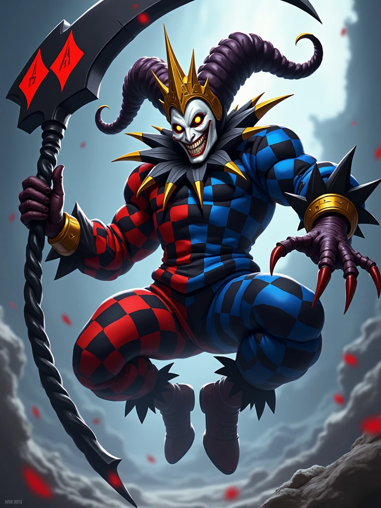 A dark and menacing jester character is depicted mid-action, floating in a void-like space. The jester wears a bold, checkerboard-patterned outfit split into red and black on one side, and blue and black on the other. The oversized, puffed-up costume features a wide spiked collar and large, clawed gloves with golden cuffs. The jester’s headgear is a two-pointed hat, matching the checkerboard pattern, topped with a small, twisted golden crown. The character's face is mostly hidden by a white, angular mask, with narrow glowing yellow eyes and a wide, unsettling grin. The jester wields a massive black scythe adorned with red and blue card suit symbols. The overall design is highly stylized, combining elements of anime and video game aesthetics, emphasizing the character's chaotic, powerful, and otherworldly nature.