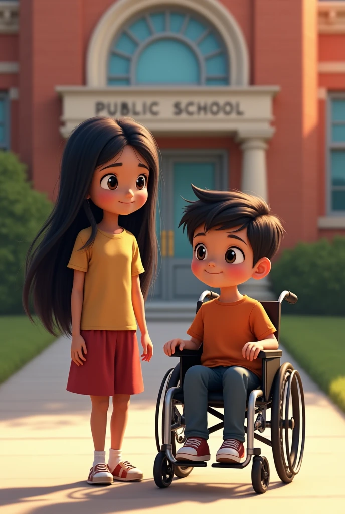 Chuca beautiful black-haired girl with white brown eyes and a boy in a wheelchair all in front of a public school