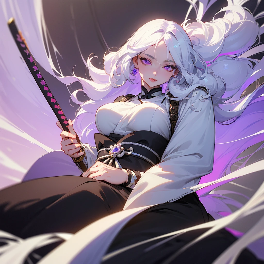 ((ultra quality)), ((masterpiece)), ((Samurai)), ((sensual)), ((Angelic beauty woman)), ((long white curly hair)), ((White hair)), ((White hair)), ((curly hair)), (beautiful face), (beautiful female lips), Enchanting ((Seductive facial expression)), looks at the camera with a slight smile, (White skin color), (White skin), glow on the body, ((detailed eyes)), ((violet eyes)), (juicy female lips), (dark eyeliner), (beautiful female hands), ((thick body)), ideal female body, ((Year 1920)), beautiful waist, beautiful big hips, big breasts, thick thighs, ((threatening and beautiful)) (), ((depth of field)), ((high quality clear image)), (delete details), ((High detail)), ((clear focus))