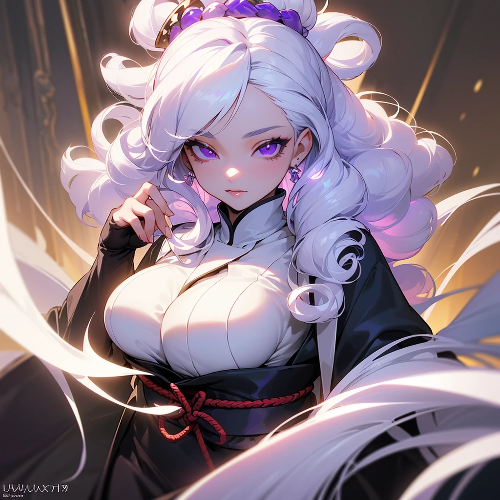 ((ultra quality)), ((masterpiece)), ((Samurai)), ((sensual)), ((Angelic beauty woman)), ((long white curly hair)), ((White hair)), ((White hair)), ((curly hair)),  (beautiful face), (beautiful female lips), Enchanting ((Seductive facial expression)), looks at the camera with a slight smile, (White skin color), (White skin), glow on the body, ((detailed eyes)), ((violet eyes)), (juicy female lips), (dark eyeliner), (beautiful female hands), ((thick body)), ideal female body, ((Year 1920)), beautiful waist, beautiful big , , thick thighs, ((threatening and beautiful)) (), ((depth of field)), ((high quality clear image)), (delete details), ((High detail)), ((clear focus))