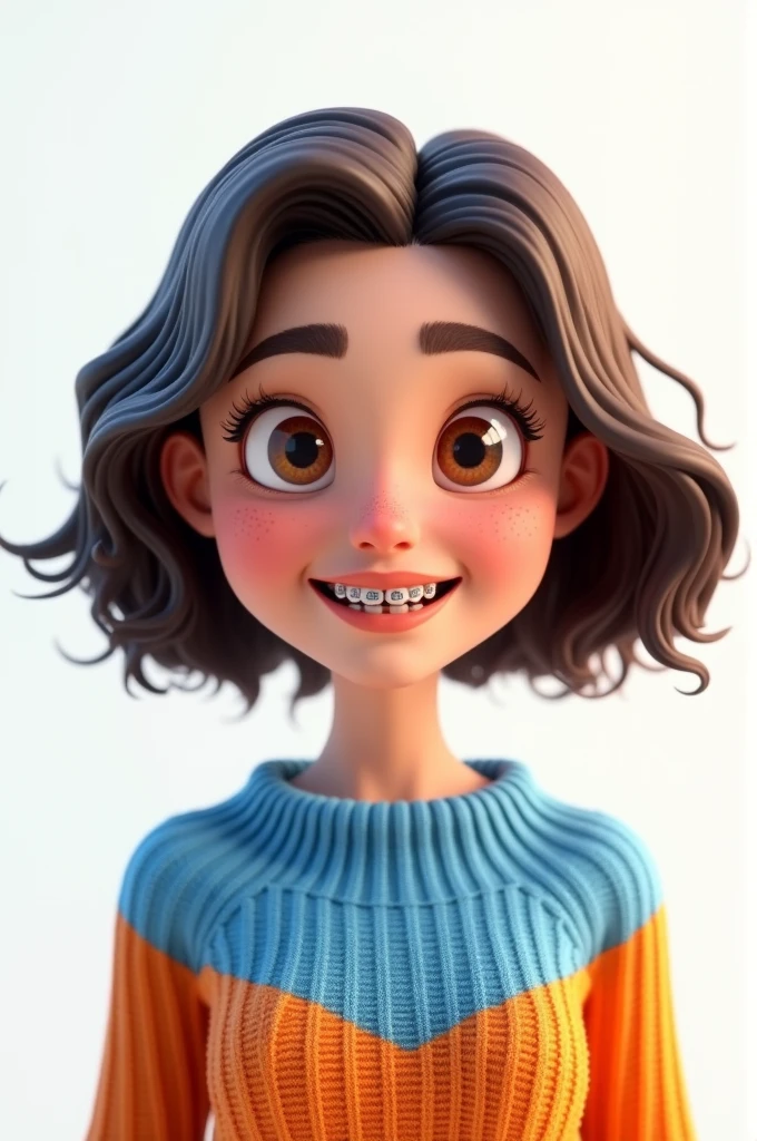 create a 3d image/cartoon portrait, of a 29 year old woman, wavy bob hair, olhos amendoados, blue and orange sweater, dental braces, freckles on the face, white background