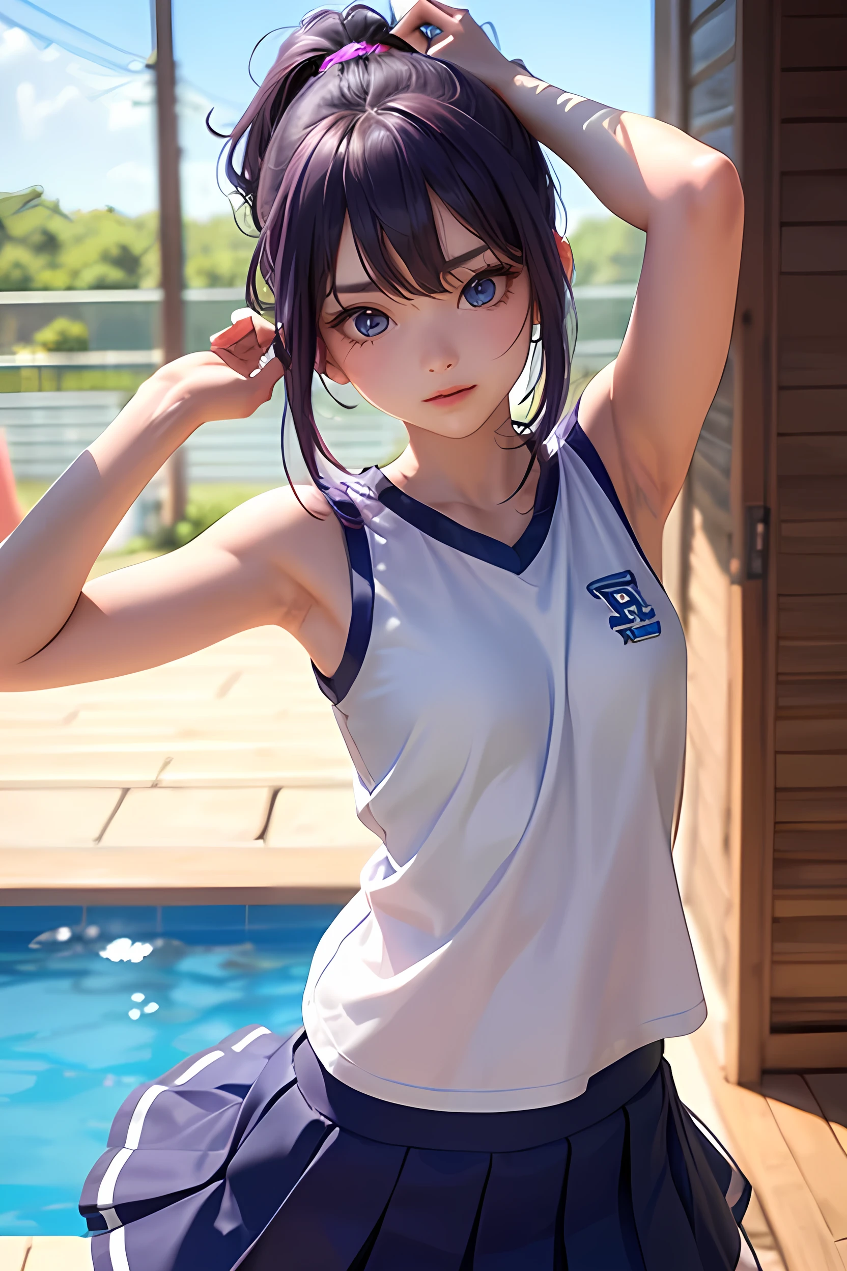 (Highest quality、Highest quality、Masterpiece、Very delicate、Very detailed、Exquisite、16K、Full HD)、1 female、(Cheerleader)、(Blue sleeveless shirt、Blue pleated skirt with yellow lines)、Small breasts、Perfect body line、Glowing Skin、(Groomed eyebrows、Pink Lips、Blue Eyes、Mysterious Face)、(Purple Hair、ponytail、Shiny Hair、Hair fastening to bangs、Show your forehead)、Dramatic lighting、(summer、Jumping、looks fun)