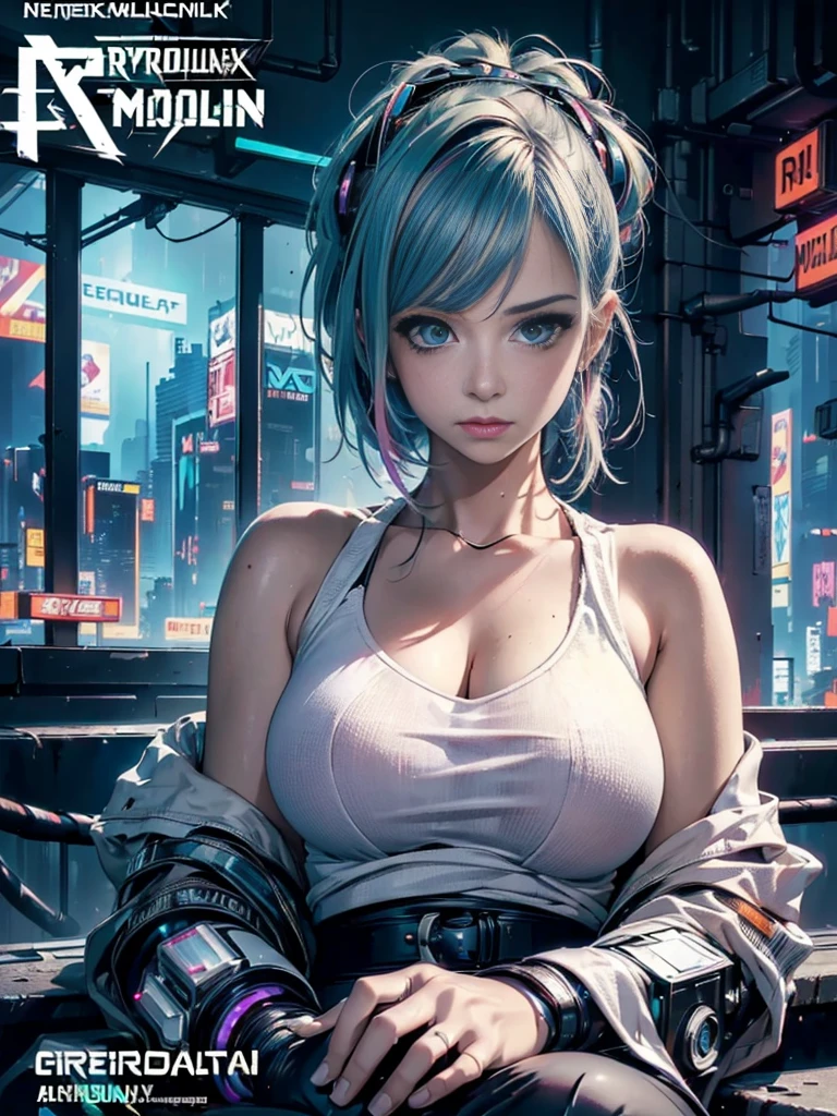 (photo realistic:1.4), (hyper realistic:1.4), (realistic:1.3), (smoother lighting:1.05), (increase cinematic lighting quality:0.9),(((Cyberpunk  magazine covers))),glossy cover,Bulma from Dragon Ball,Rainbow Color