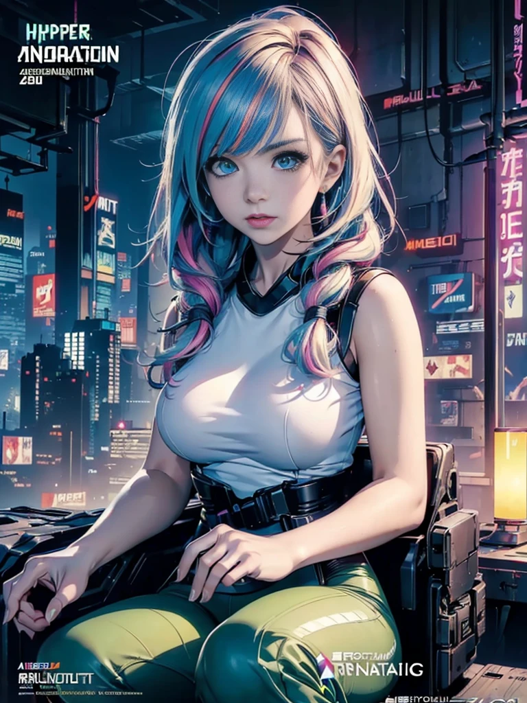 (photo realistic:1.4), (hyper realistic:1.4), (realistic:1.3), (smoother lighting:1.05), (increase cinematic lighting quality:0.9),(((Cyberpunk magazine covers))),glossy cover,Bulma from Dragon Ball,Rainbow Color