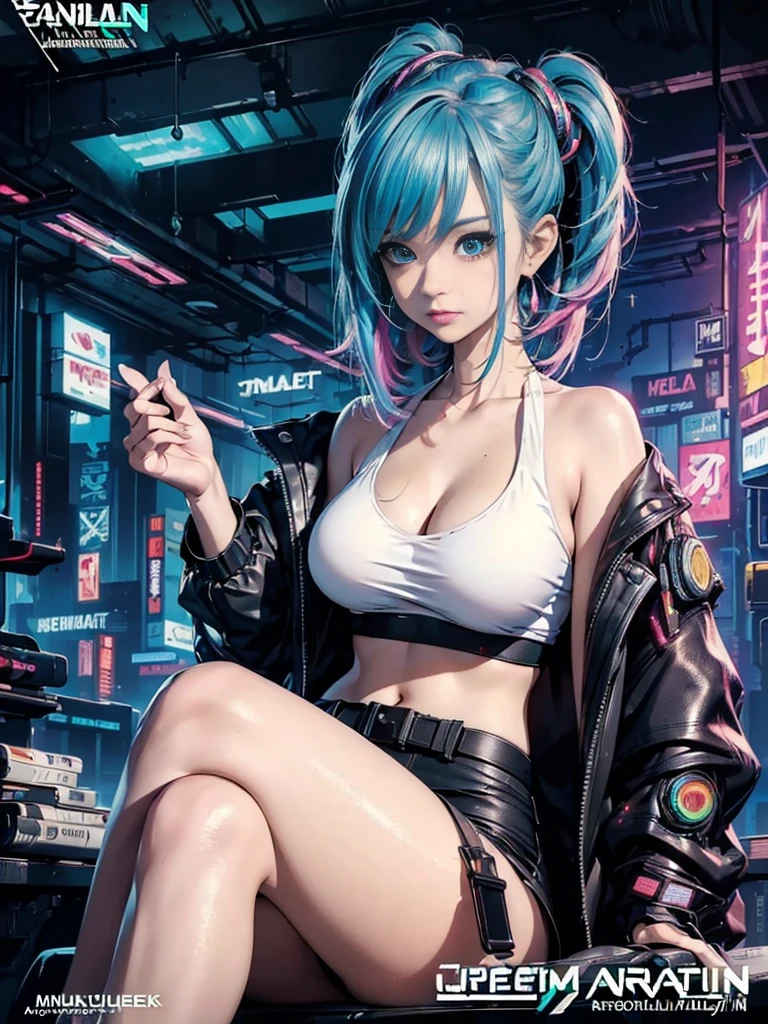 (photo realistic:1.4), (hyper realistic:1.4), (realistic:1.3), (smoother lighting:1.05), (increase cinematic lighting quality:0.9),(((Cyberpunk  magazine covers))),glossy cover,Bulma from Dragon Ball,Rainbow Color