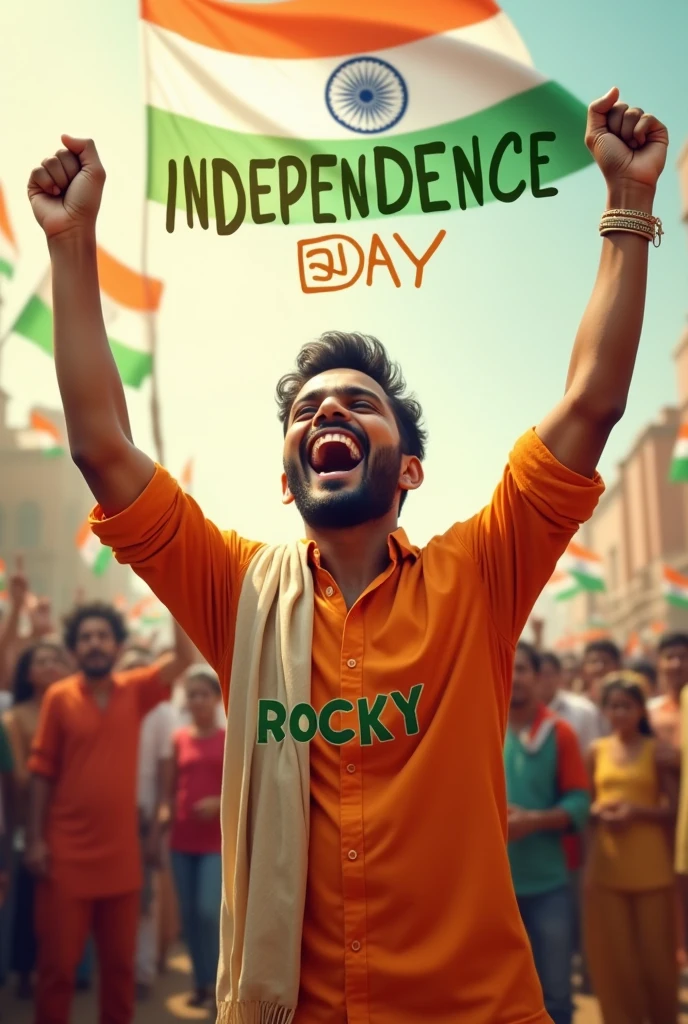Generate a real-life image of a 23-year-old (boy) joyfully celebrating Indian Independence Day. The individual is dressed in traditional Indian attire with the name 'ROCKY'' prominently displayed on their clothing. The sky above them features the words 'Happy Independence Day' in a bold font. The background is alive with a crowd of people celebrating, creating a vibrant and patriotic atmosphere."