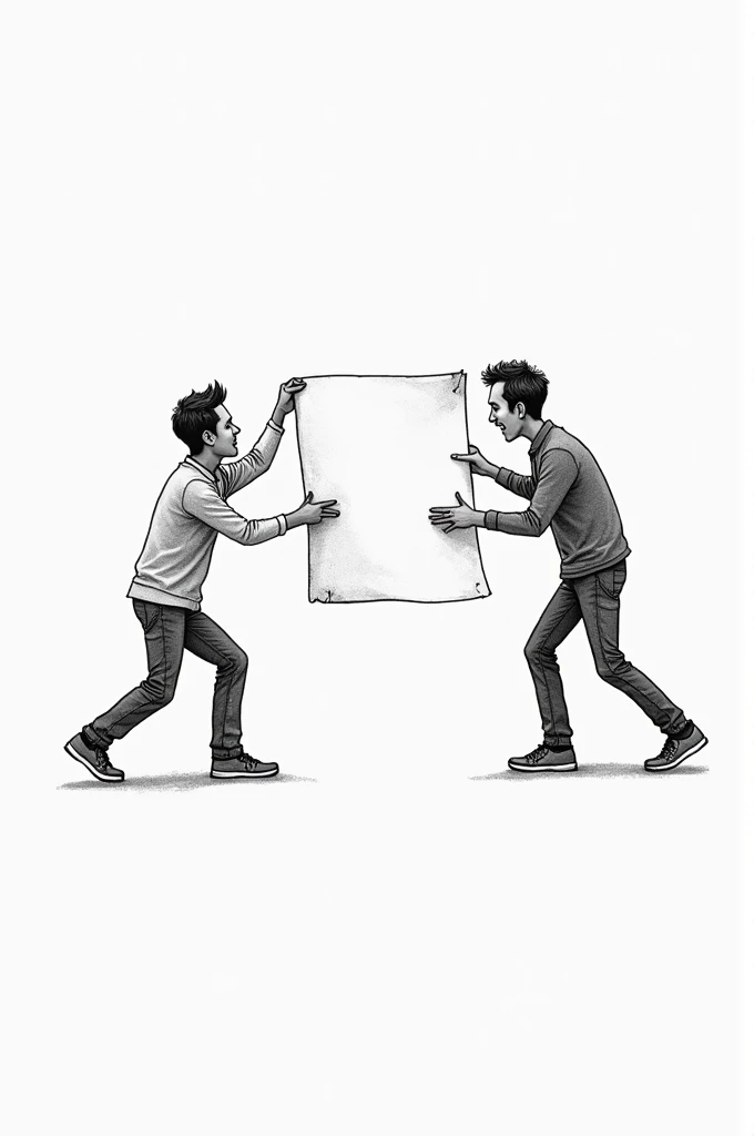 drawing of two people fighting over a piece of paper, each one is taking one side of the paper, the paper is the size of an A4 sheet